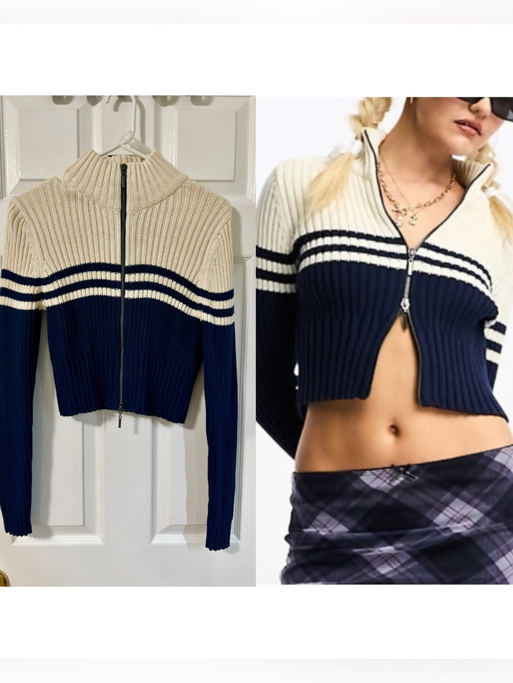 NWOT ASOS DESIGN Navy & Cream Striped Cropped Double-Zip Cardigan